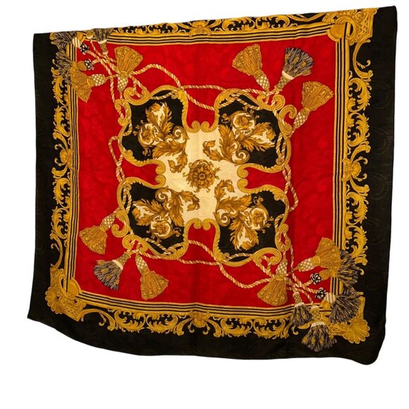 Liz Claiborne vintage silk red black gold  Baroque tassels scarf - Picture 1 of 7